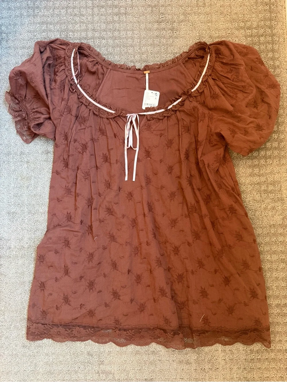 Free People Rust Brown Embroidered Puff Sleeve Mini Dress